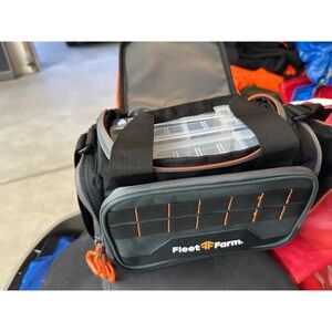 Fleet Farm Soft Sided Tackle Bag with 3 Utility Boxes Black Orange Fishing Gear